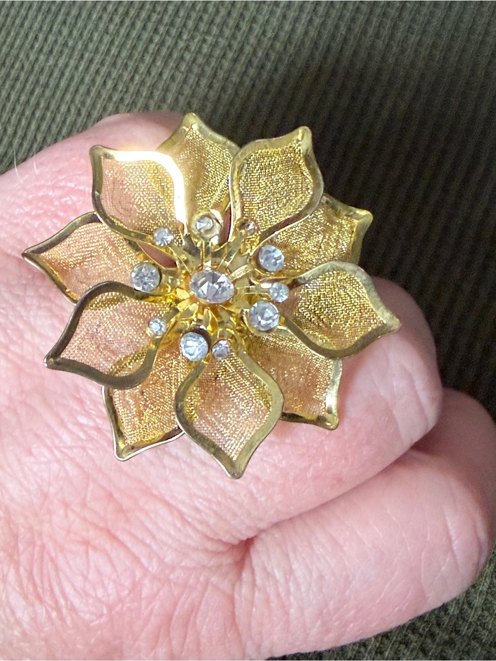 Gold Floral Statement Ring with Clear Crystals - Unbranded